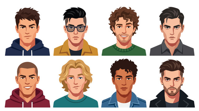Set of handsome male avatar characters vector illustration. Diverse men portraits with trendy hairstyles flat design bundle. Cool young guy facial profile icons collection.