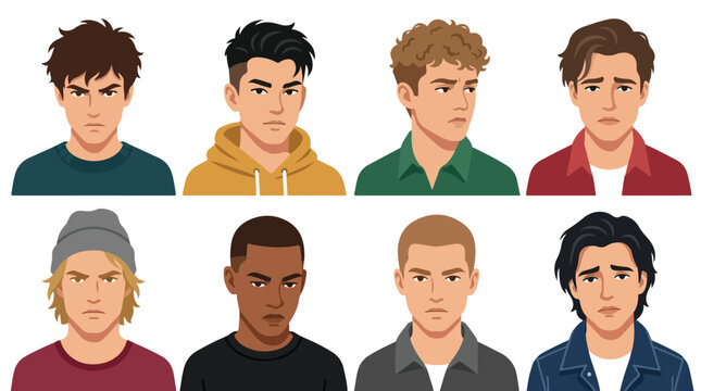 Set of sad and angry male avatar characters vector illustration. Diverse men portraits with unhappy facial expressions flat design bundle. Young guy moody profile icons pack.