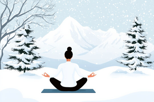 Yoga snow nature meditation woman mountain winter calm focus balance woman meditating on mat in snowy landscape
