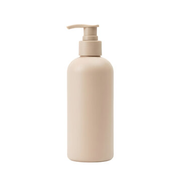 Beige plastic pump bottle for lotion or liquid soap container isolated on transparent background