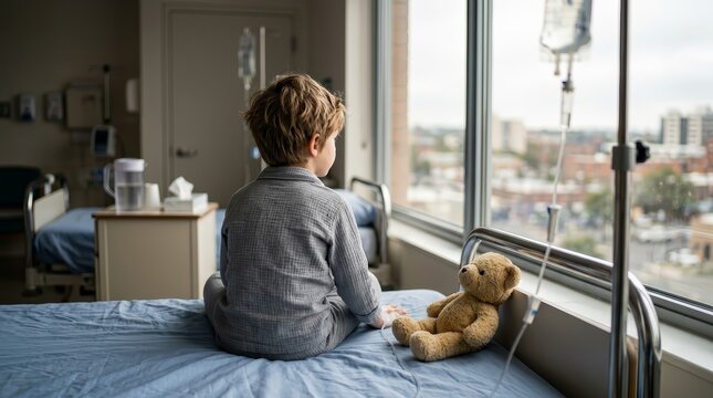A lonely child with an IV bag sits on a hospital bed looking out a window before surgery.