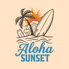Surfer Riding Wave at Tropical Sunset with Aloha Text Illustration © xfrimran
