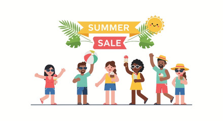 Fototapeta premium Summer Sale Banner Vector Illustration with Diverse Happy People Enjoying Ice Cream and Beach Vacation Theme