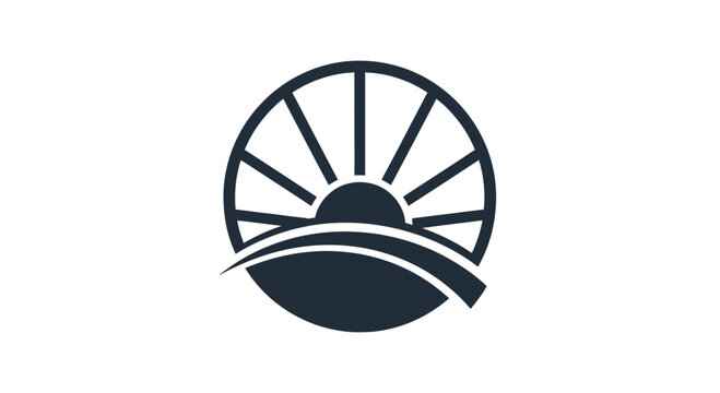 Circular sun rising over horizon line graphic.