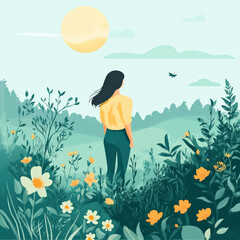 Spring rejuvenation woman flower meadow nature illustration sunrise serene flat illustration with copy space, calm landscape, blossom, leaf, plant