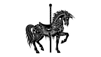 Carousel Horse Silhouette: An intricate black silhouette of a carousel horse, adorned with ornate patterns, stands poised on its pole, evoking a sense of nostalgic charm and whimsical fantasy. © mahmuda428