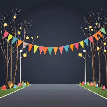 Colorful flag light street decoration night tree festival celebration along empty road with glowing lamp and dark sky