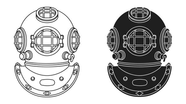 Vintage Diving Helmet Set: Two retro diving helmets, one in outline and the other in silhouette, evoke a sense of oceanic adventure and historical exploration.
