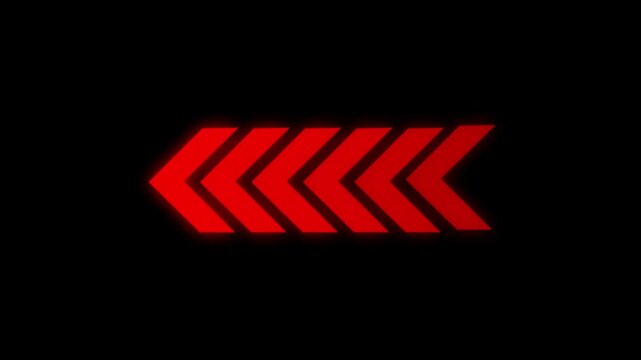  Right to left -direction red arrow looping animation. Animated arrows for the overlay  video layer on  black background.4k video.