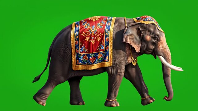 Majestic elephant with ornate saddle walking across a vibrant green screen background in cinematic motion