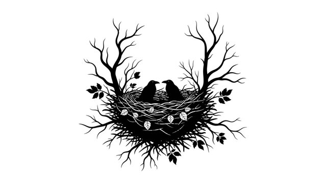 Two Birds in a Nest: A silhouette of two birds sitting in a nest adorned with twigs and leaves, framed by bare branches that resemble antlers, with a cluster of eggs nestled within.