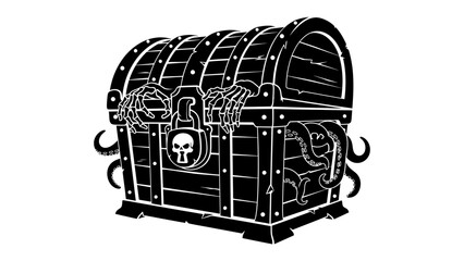 Mysterious Treasure Chest Illustration: A dark, old wooden treasure chest, adorned with metal rivets and a skull-marked padlock, is flanked by eerie tentacles. © mahmuda428