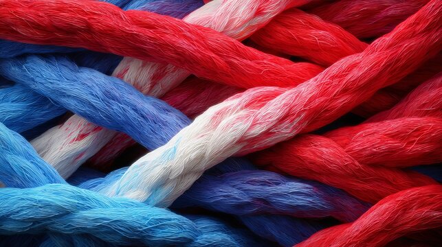 Close up view of vibrant red white and blue twisted synthetic ropes intertwined together creating a textured background pattern for nautical maritime themes