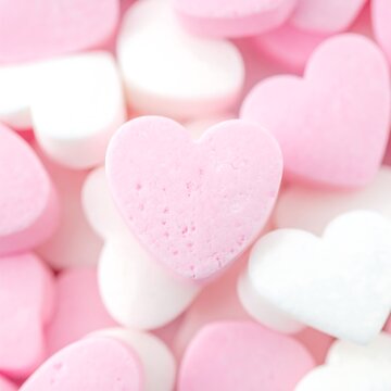 A close-up view of pastel pink and white heart-shaped candies