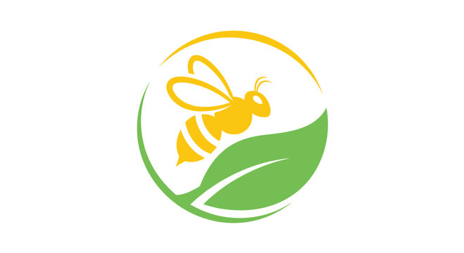 Circular logo with honey bee and green leaf.