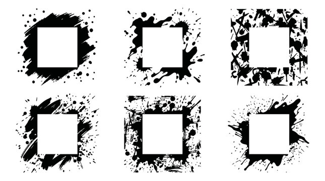 Black ink splatter square frames with artistic grunge textures