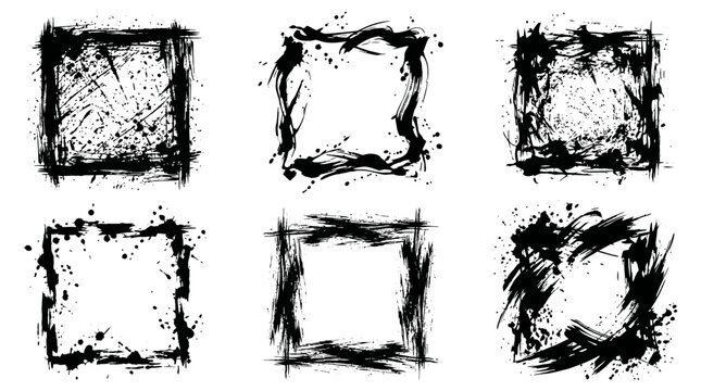 Grunge square frames with ink splatters and brush stroke textures
