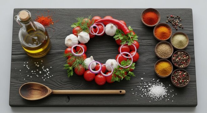 A Culinary Wreath of Fresh Tomatoes, Garlic, and Onions Decorated with Herbs and Spices