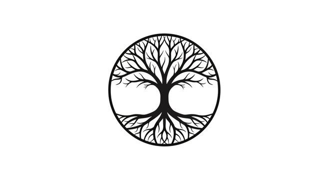 Circular black tree of life icon on white background.