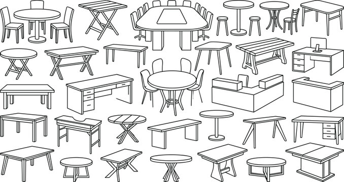 Minimalist home and office furniture line art vector set featuring wooden dining tables work desks conference coffee table elements