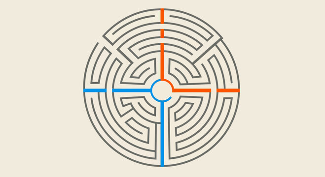 Circular maze icon with four color-coded paths.