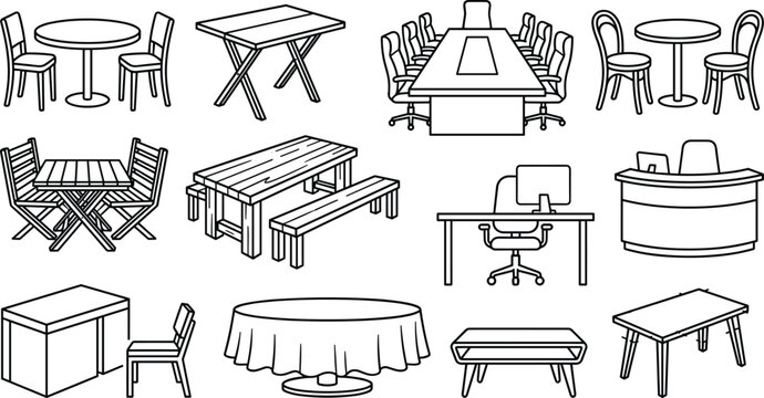 Minimalist home and office tables furniture line art vector collection featuring conference table dining desk reception counter picnic bench elements