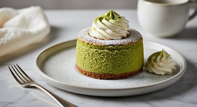 Matcha Cheesecake with Whipped Cream Powdered Sugar Dessert on Plate