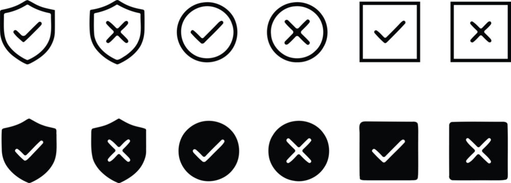 Collection of checkmark and cross icons in various shapes and colors