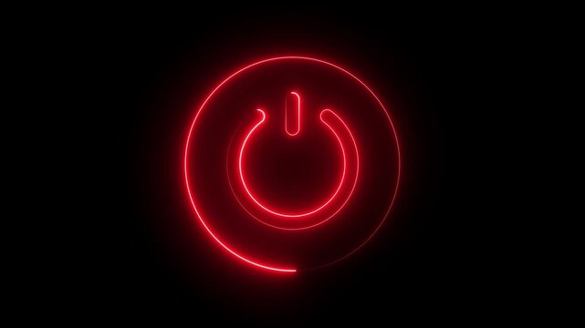 Neon power reset button sign animation Neon glowing power button icon animated.Red Neon power reset button sign animation Neon power button icon animated black
