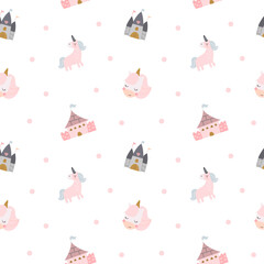 Naklejka premium Fairytale seamless pattern set featuring unicorn castle tent heart confetti dot sky nursery fantasy magic wallpaper textile fabric repeat whimsy