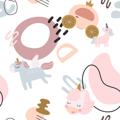 Naklejka premium Fairytale seamless pattern set featuring unicorn portrait frame ornament fruit citrus wing doodle line shape nursery fantasy magic wallpaper repeat
