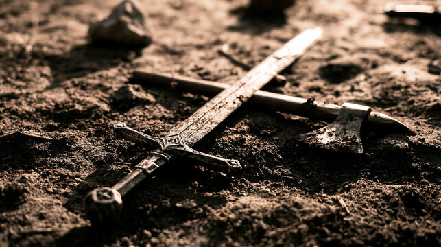 speciation. Medieval sword and axe crossed on a ground, dirt and minimal debris, dramatic side lighting. event programs, museum guides, designed for cultural heritage projects and event programs.