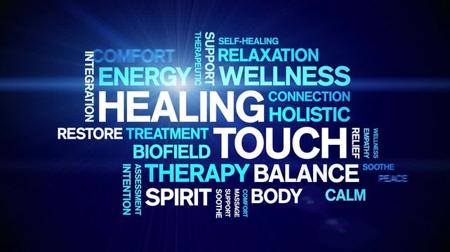 Healing Touch animated word cloud-text design animation tag kinetic typography seamless loop.