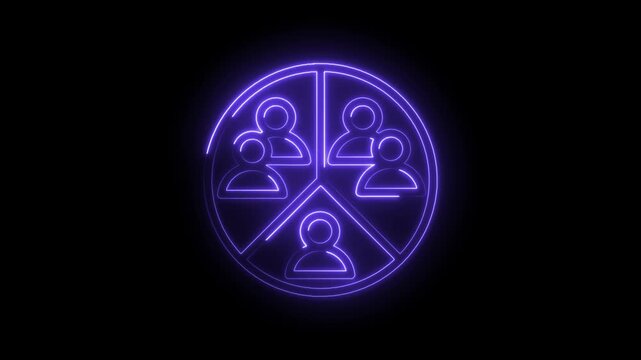 Neon purple glowing abstract circle divided into segments with simplified human figures... icon