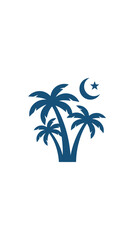 Obraz premium A blue silhouette illustration featuring three palm trees and a crescent moon with a star.
