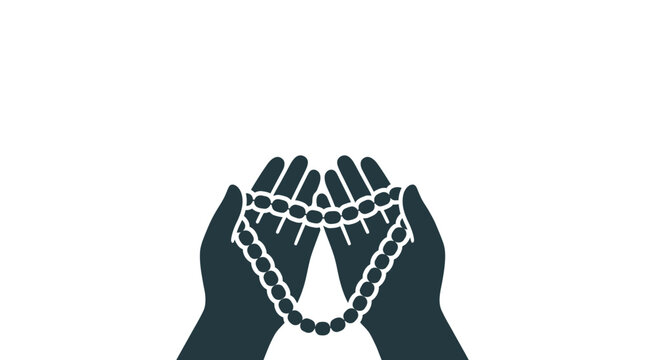 Silhouette of two hands holding prayer beads in a gesture of supplication.