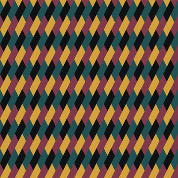 Seamless pattern designed from diagonal maroon, gold, emerald green and black parallelograms
