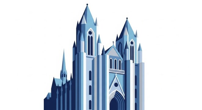 Architecture - Gothic Cathedral Blue Flat Vector Illustration with Pointed Spires and Arched Windows