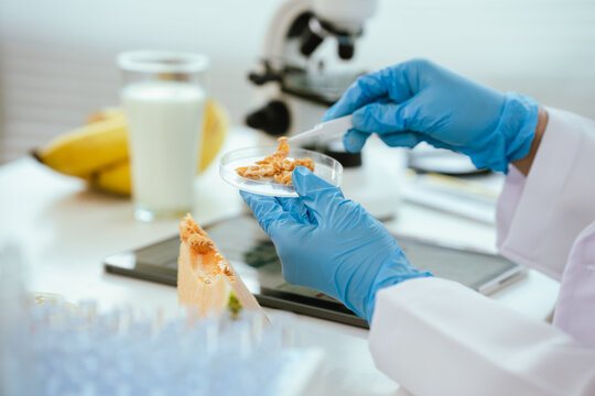 Scientist analyzing a fruit sample under a microscope in a food safety laboratory, performing quality control, nutritional assessment, and contamination testing of fresh produce.
