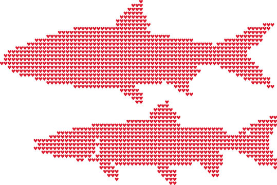 Two red shark shapes made of small hearts knitting pattern