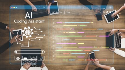Obraz premium AI Coding Assistant Concept with Diverse Hands on Technology Devices and Futuristic Interface for Software Development and Innovation in Modern Workspace. Entropy.