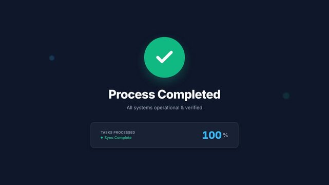 Process completion animation, green checkmark and percentage progress bar on dark background, seamless loop, symbolizing success, verification, and efficiency