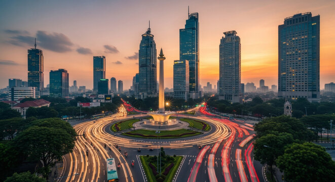 Vista a&eacute;rea deslumbrante de uma metr&oacute;pole movimentada ao p&ocirc;r do sol, com arranha-c&eacute;us imponentes, um monumento central e trilhas de luz de ve&iacute;culos em movimento.