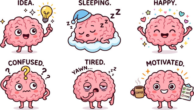 Cute Brain Character Set with Different Emotions Idea Sleeping Happy Confused Tired Motivated Cartoon Vector Illustration