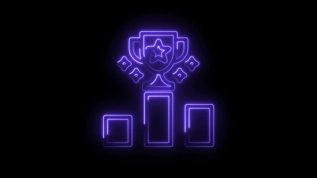 Neon glow trophy on podium winner award achievement success concept glowing purple lines on icon