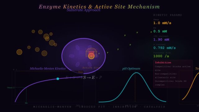 Enzyme Kinetics and Catalysis Animation Showing Substrate Binding Active Site and Reaction Rate Curves