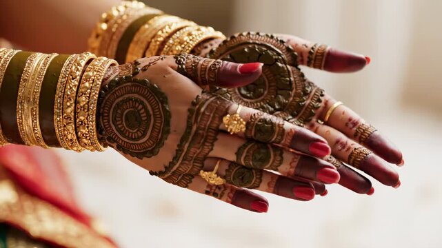 Bridal hands adorned with intricate henna patterns and gold bangles during a wedding ceremony