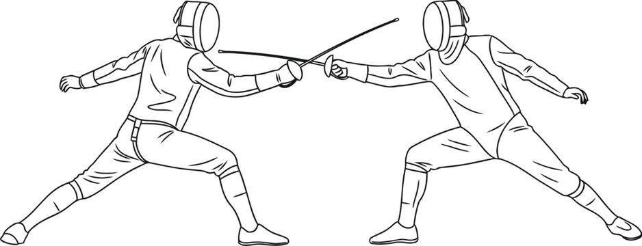 Two people fencing with swords in a match