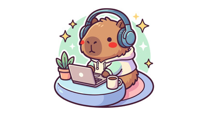 Fototapeta premium Capybara uses laptop with headphones on