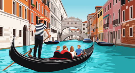 Scenic Vector Illustration of a Gondola Tour Through the Historic Canals of Venice Featuring Colorful Architecture and Bridge Views 31 © DOLARRIZ JHON